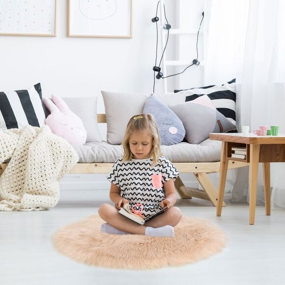 Faux Fur Round Rug Fluffy Area Rugs for Bedroom 3 x 3 Feet Khaki - Picture 4 of 6